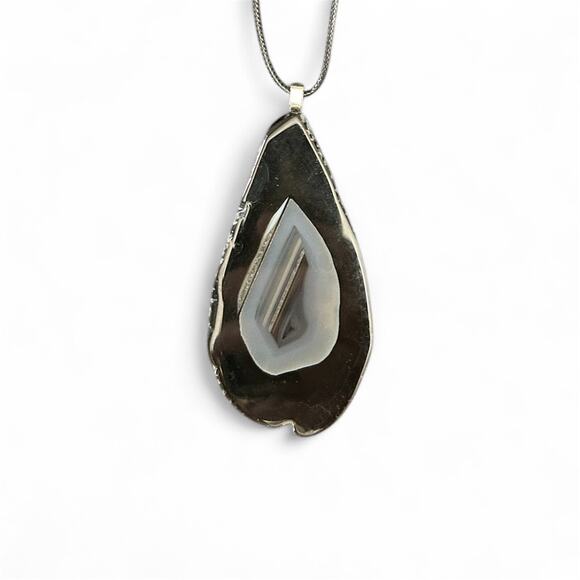 Black Polished Agate Slice Necklace ~ Stone Pendant - Picture 2 of 3